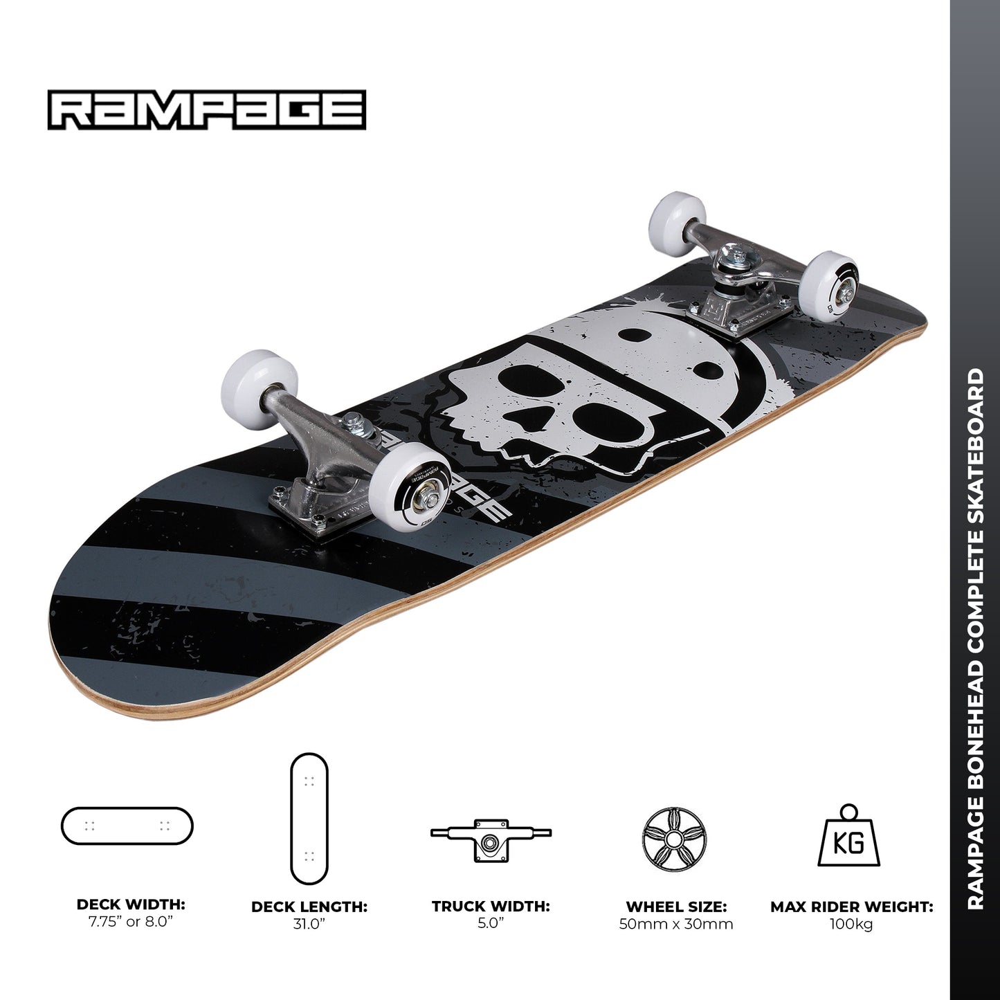 Rampage Bonehead Complete Skateboard - Black 8''