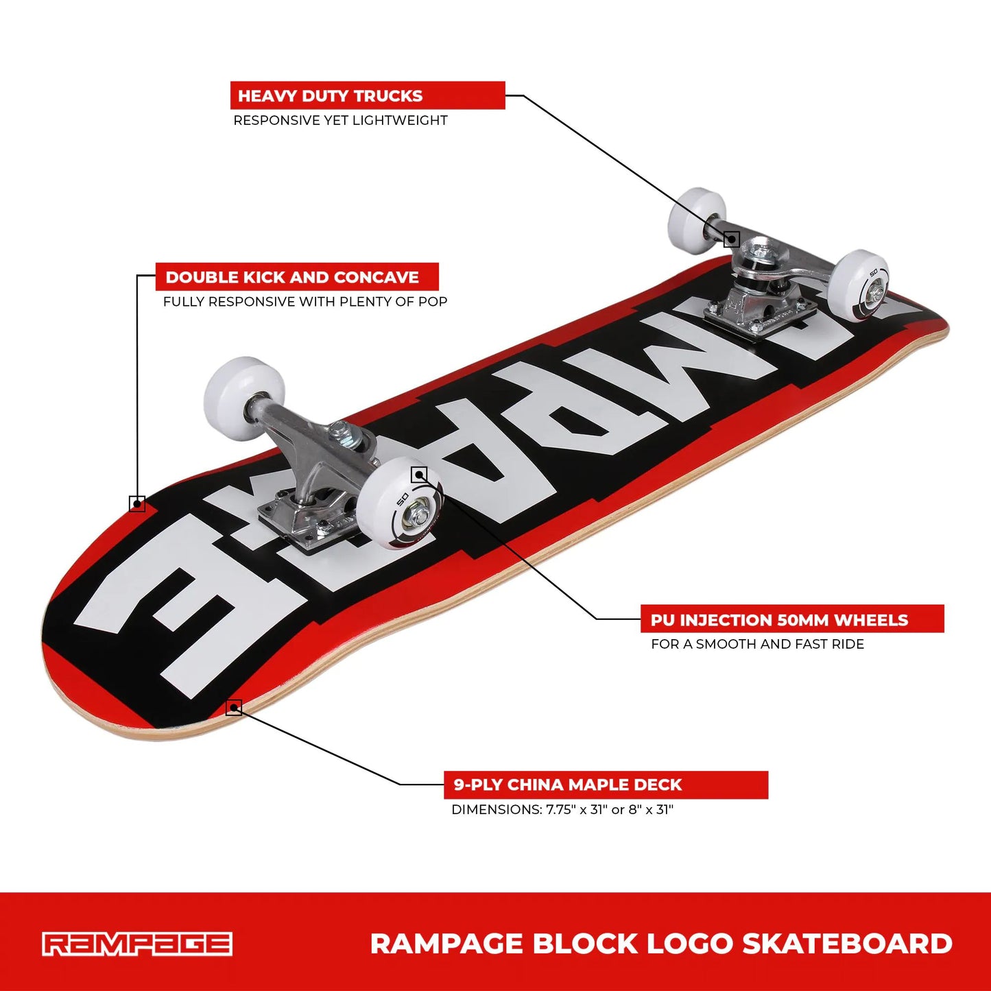 Rampage Block Logo Complete Skateboard - Red/Black 8"