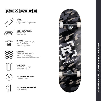 Rampage Camo Complete Skateboard - Black 8"