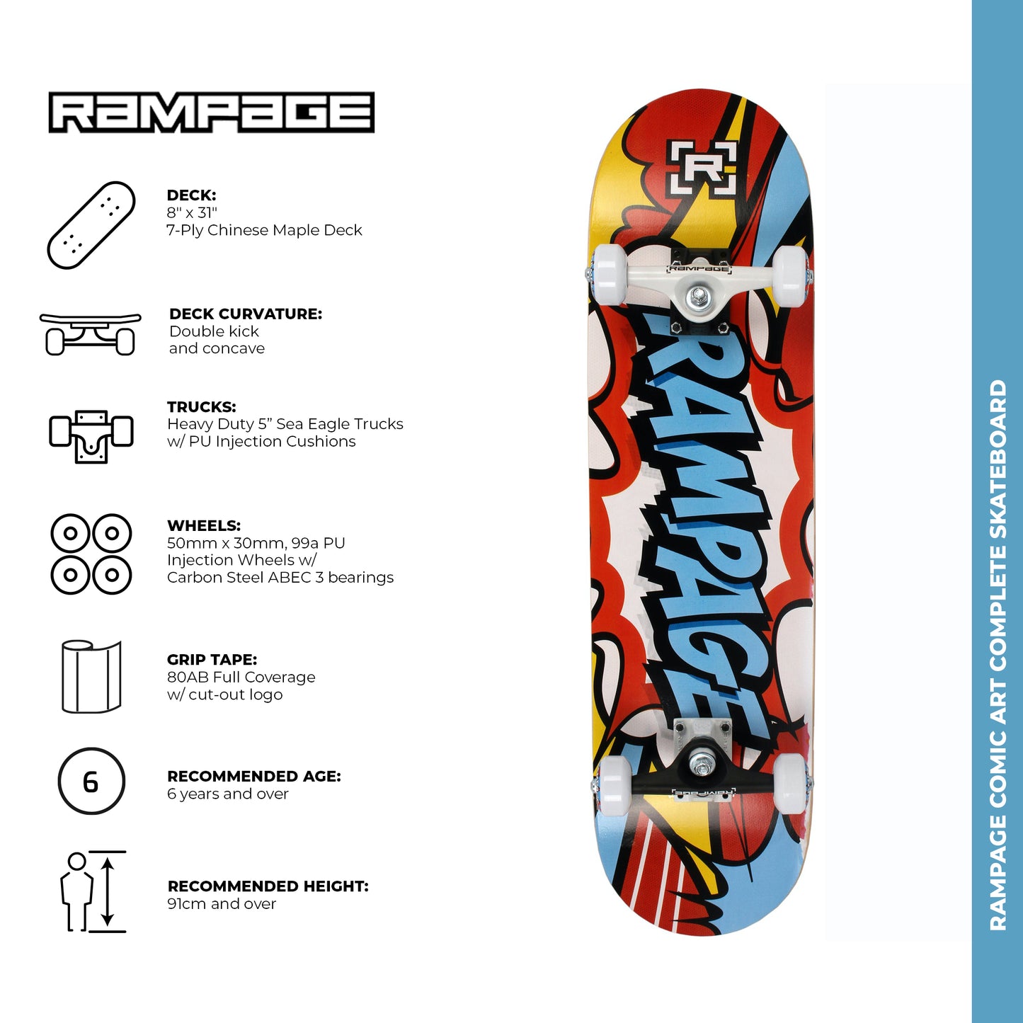 Rampage Comic Art Complete Skateboard - Blue 8''