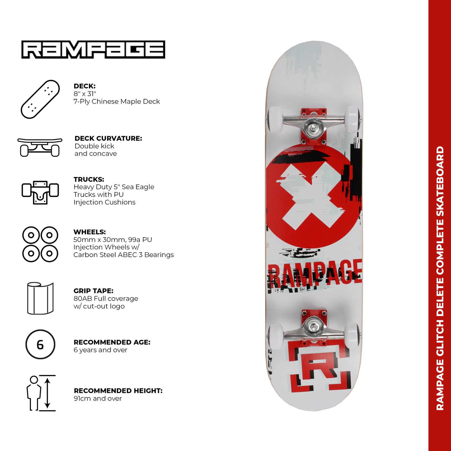 Rampage Glitch Delete Complete Skateboard - White 8''