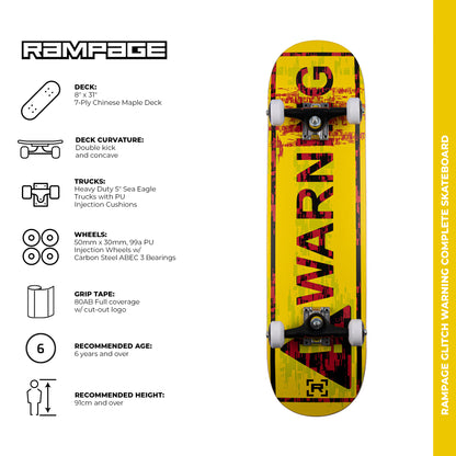 Rampage Glitch Warning Complete Skateboard - Yellow 8''