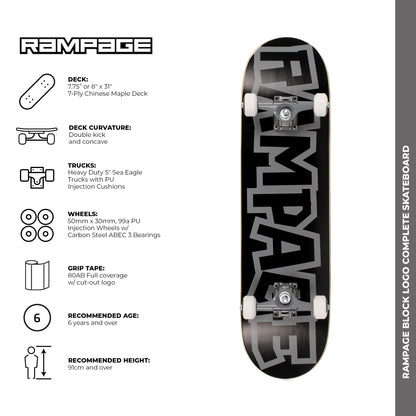 Rampage Block Logo Complete Skateboard - Black/Grey 8''