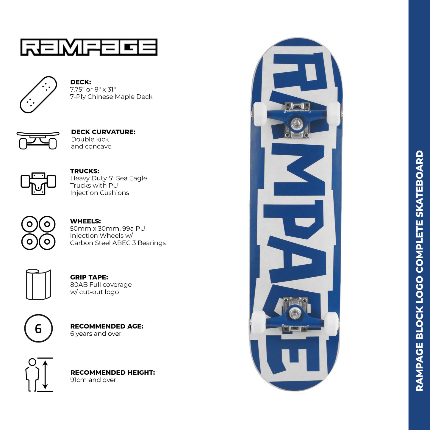 Rampage Block Logo Complete Skateboard - Blue/White 8''